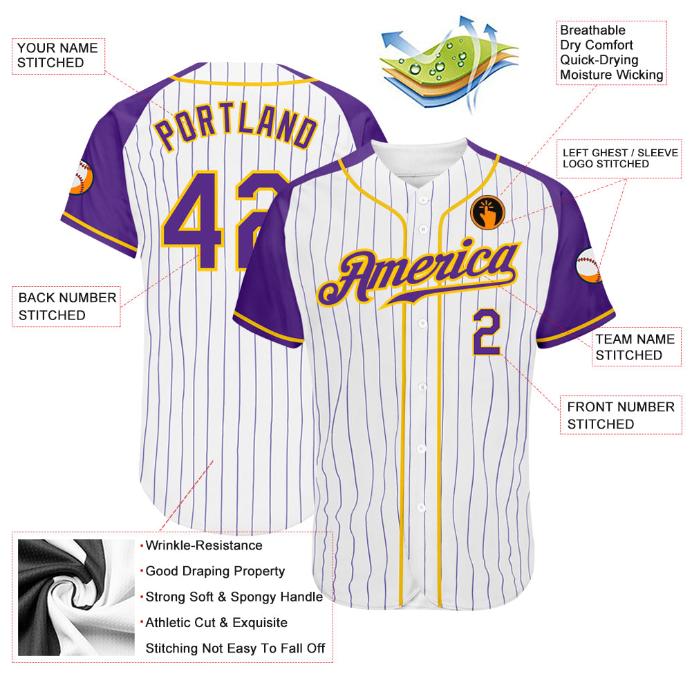 Custom White Purple Pinstripe Purple-Gold Authentic Baseball Jersey Preschool Size:L