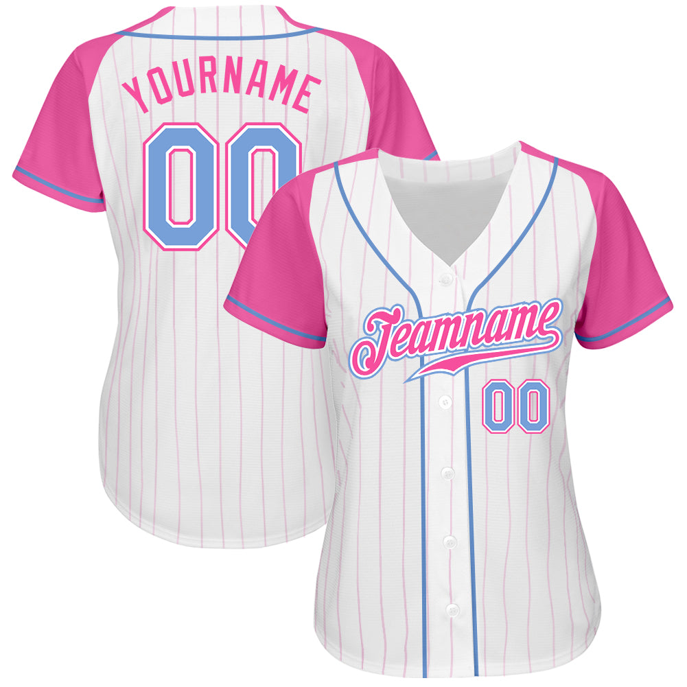 Custom White Light Blue Pinstripe Light Blue-Pink Authentic Raglan Sleeves  Baseball Jersey