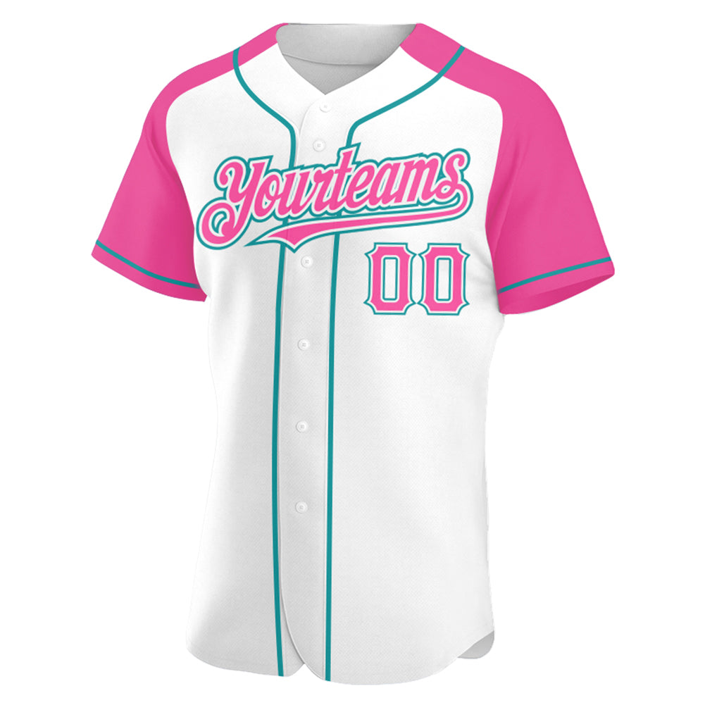 Custom Teal White-Pink Authentic Raglan Sleeves Baseball Jersey Discount