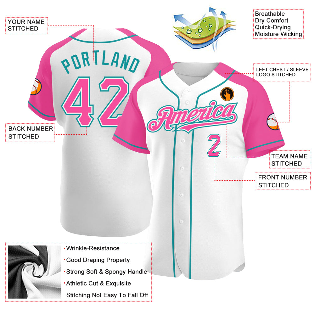 Custom Teal White-Pink Authentic Raglan Sleeves Baseball Jersey Discount