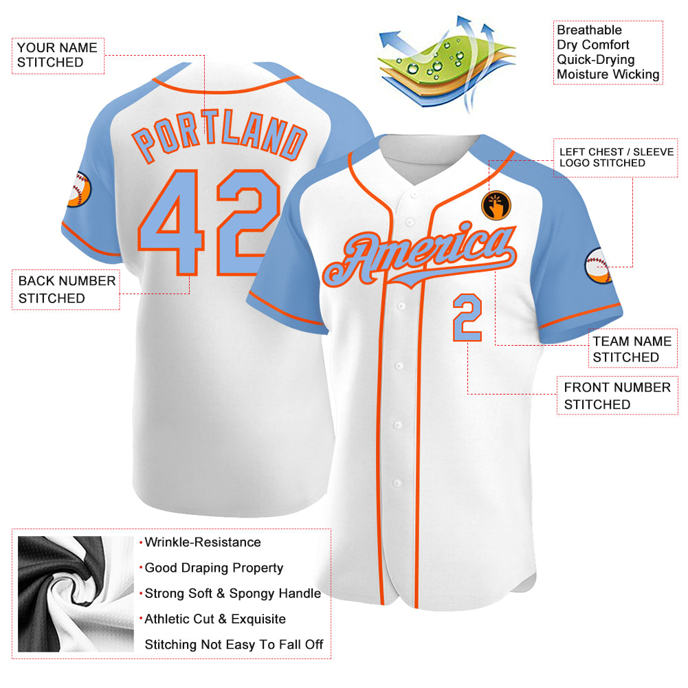 Cheap Custom White Light Blue-Orange Authentic Raglan Sleeves