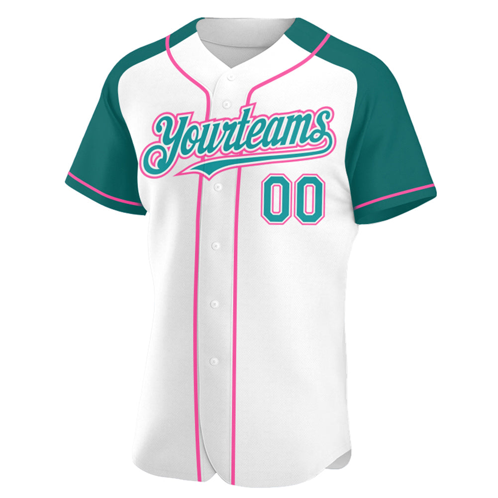 Custom Teal White-Pink Authentic Raglan Sleeves Baseball Jersey Discount