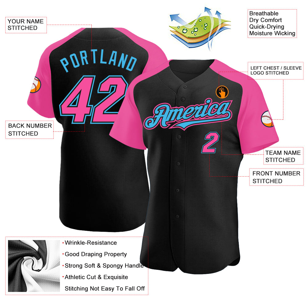 Custom Team Light Blue Baseball Authentic Black Jersey Pink