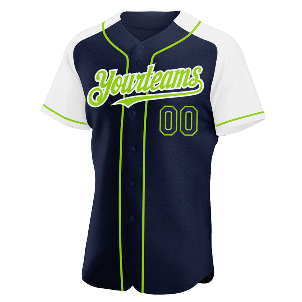 Custom Baseball Jersey White Neon Green-Navy Authentic Raglan Sleeves Youth Size:M