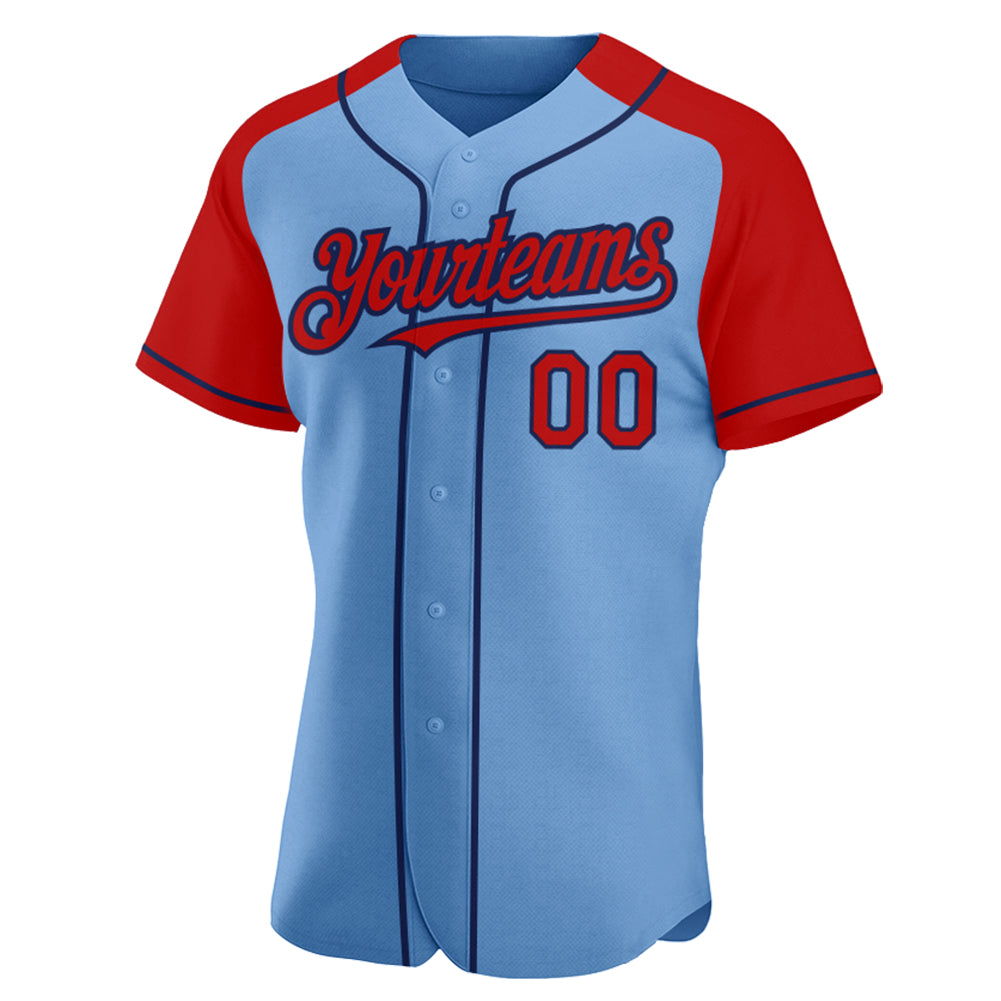 Custom Red Light Blue-Navy Authentic Raglan Sleeves Baseball