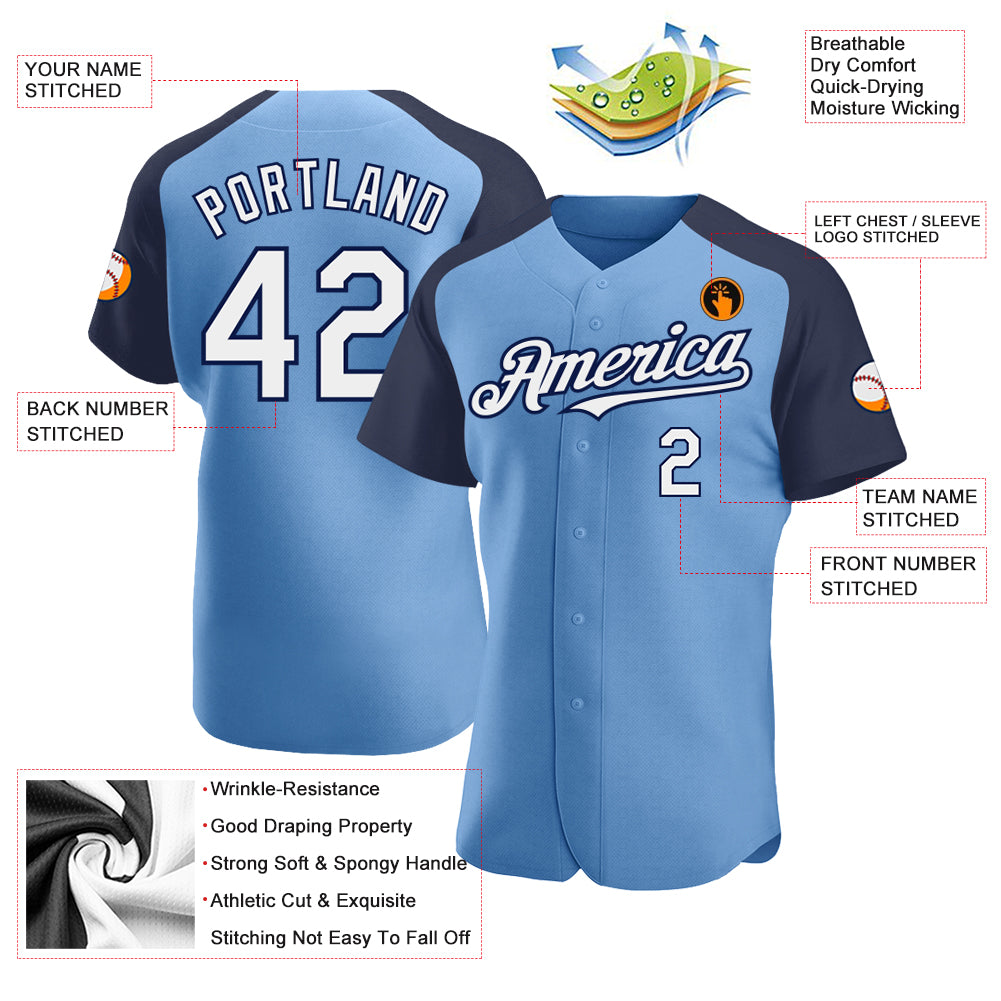 Custom White Light Blue Pinstripe Navy-Light Blue Authentic Raglan Sleeves  Baseball Jersey