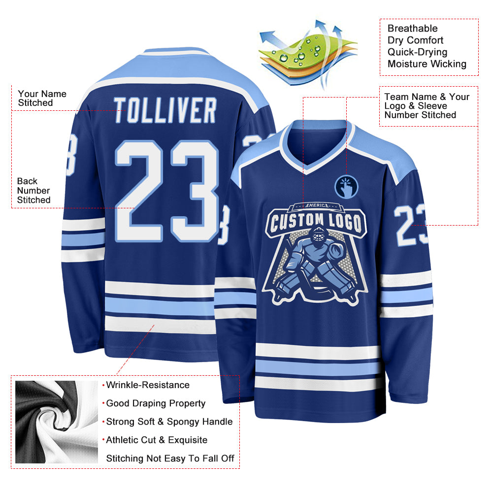 Custom Royal White-Light Blue Hockey Jersey - Personalized Name, Number,  Team Logo