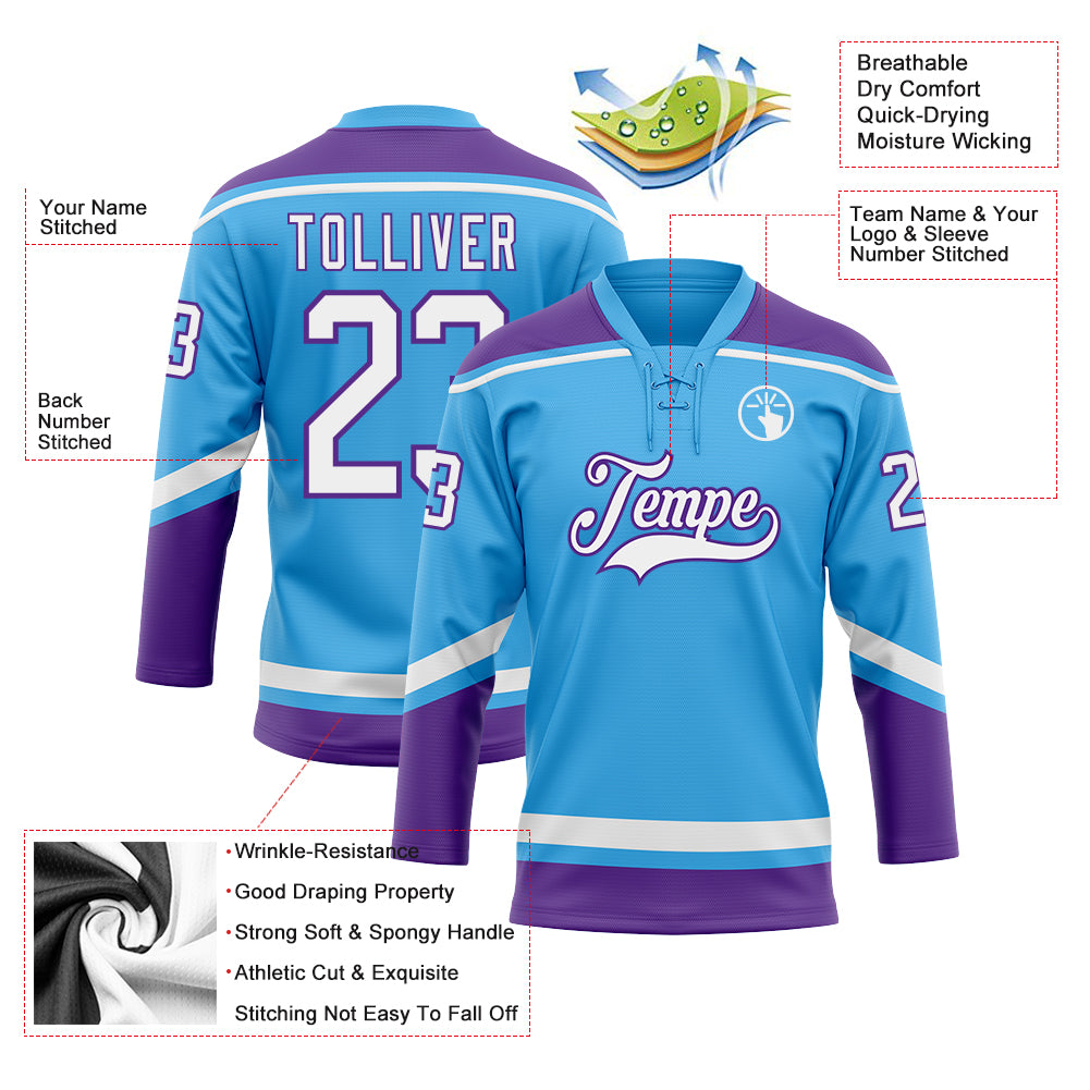 Cheap Custom Sky Blue White-Purple Hockey Lace Neck Jersey Free Shipping –  CustomJerseysPro