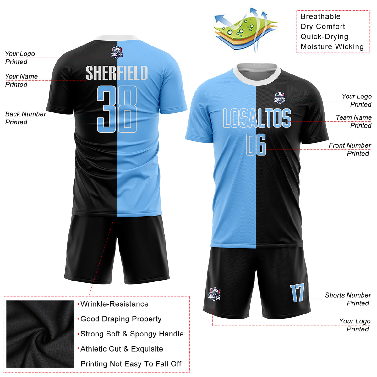 Custom White Black-Light Blue Sublimation Soccer Uniform Jersey Free  Shipping – Fiitg