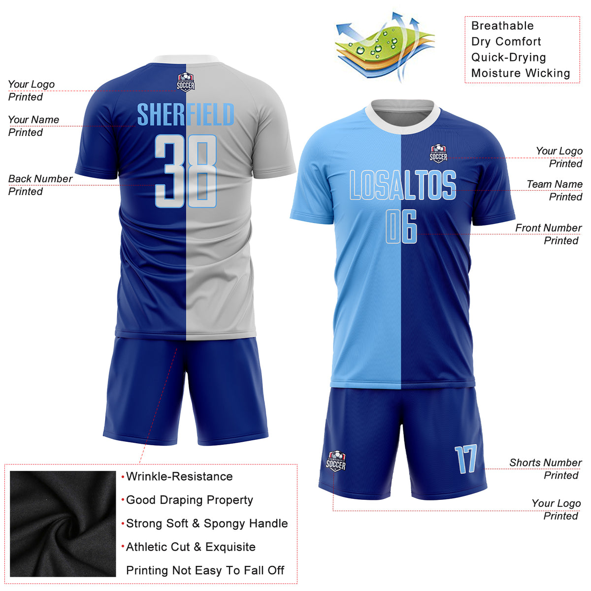 Custom Light Blue White-Royal Sublimation Fade Fashion Soccer