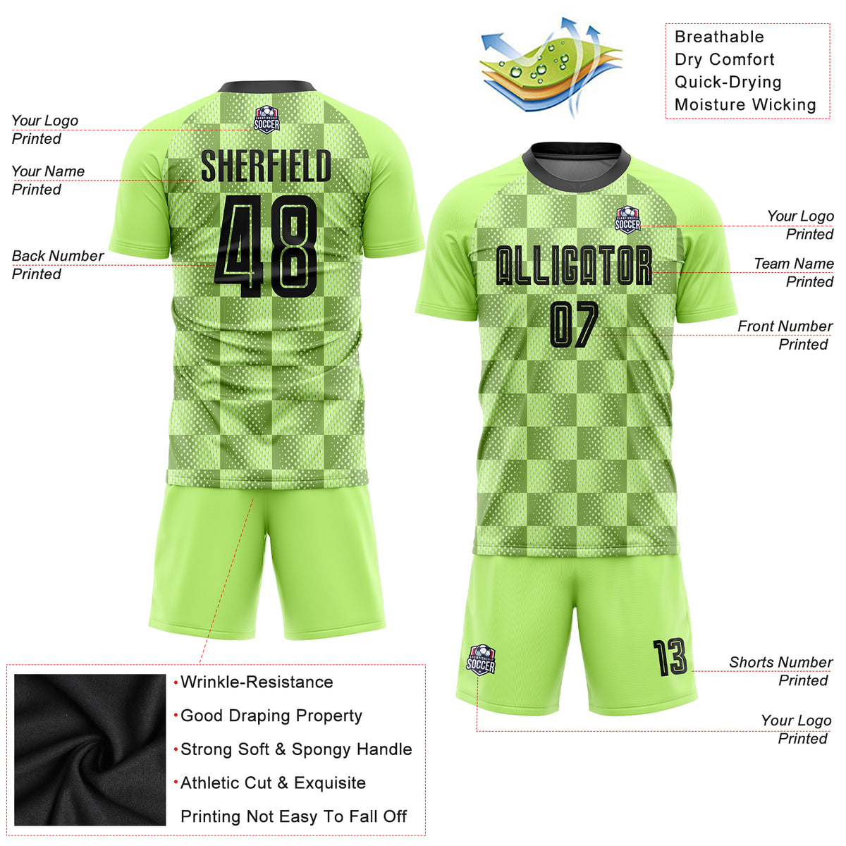 Custom Black Gold-Neon Green Sublimation Soccer Uniform Jersey Discount