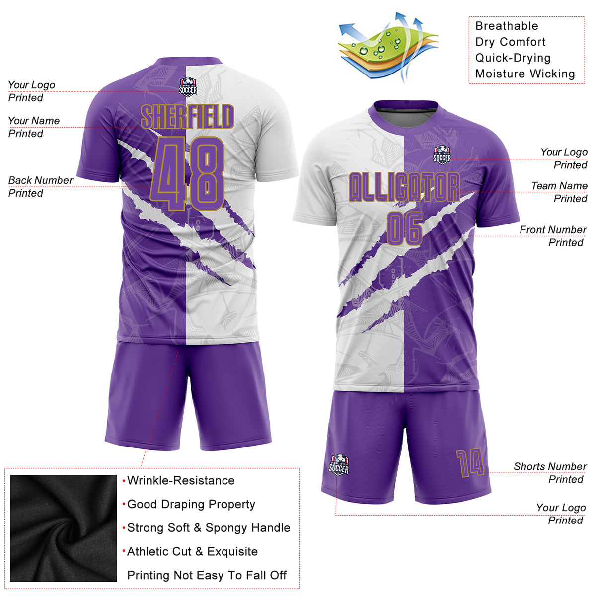 Custom White Gold-Purple Sublimation Soccer Uniform Jersey Fast