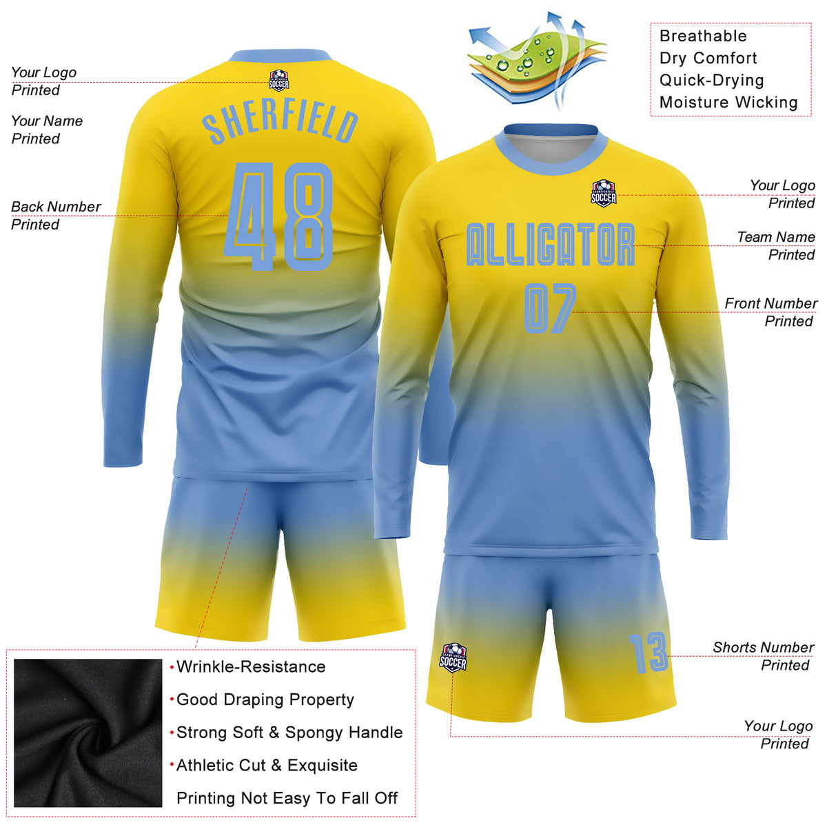 Custom Old Gold Black-Purple Sublimation Long Sleeve Fade Fashion Soccer  Uniform Jersey