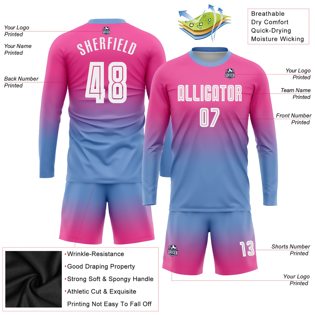 Custom Pink White-Black Sublimation Long Sleeve Fade Fashion