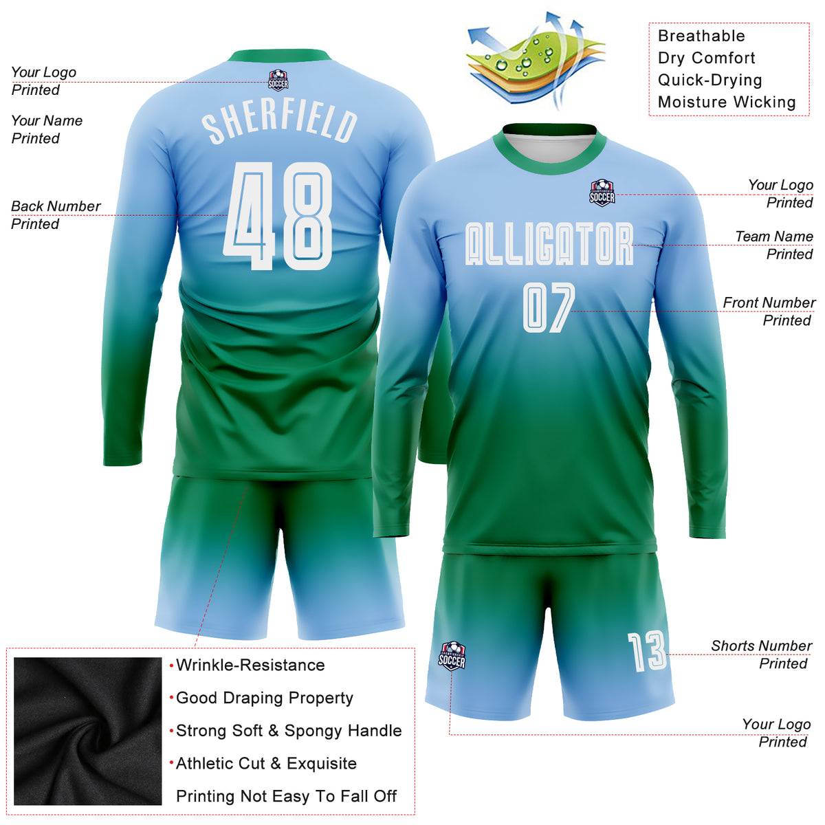 Custom Red White-Kelly Green Sublimation Long Sleeve Fade Fashion Soccer  Uniform Jersey