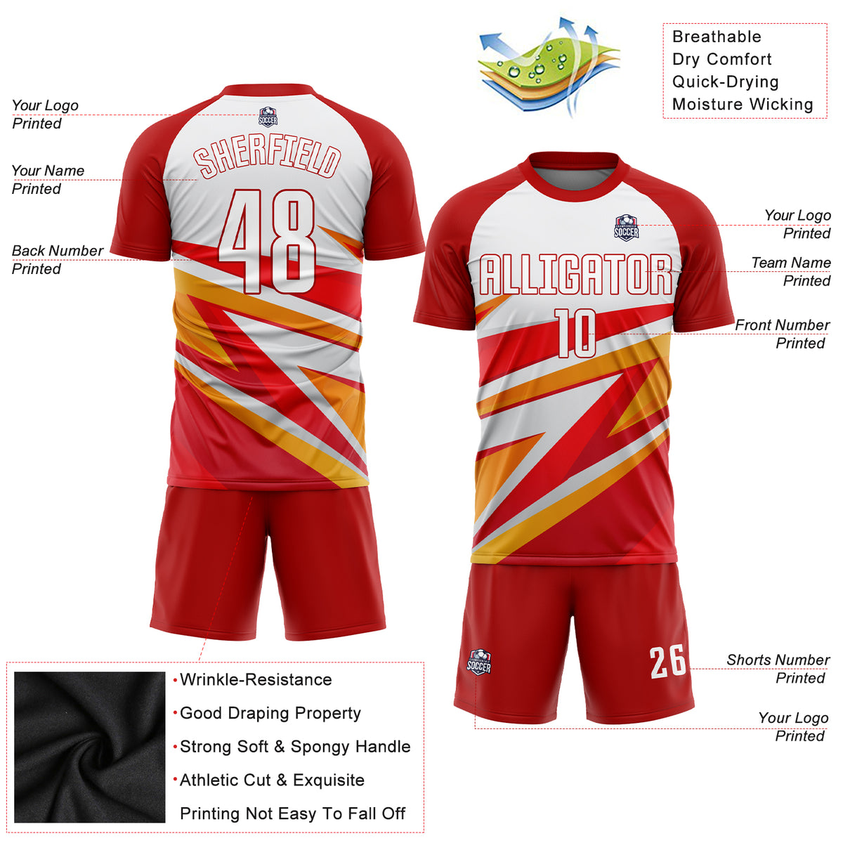 Cheap Custom White Red-Gold Sublimation Split Fashion Soccer