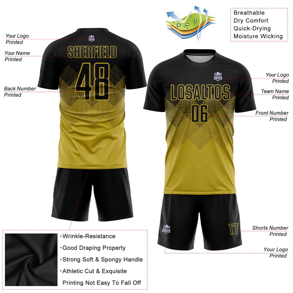 Cheap Custom Black Purple-Old Gold Sublimation Soccer Uniform