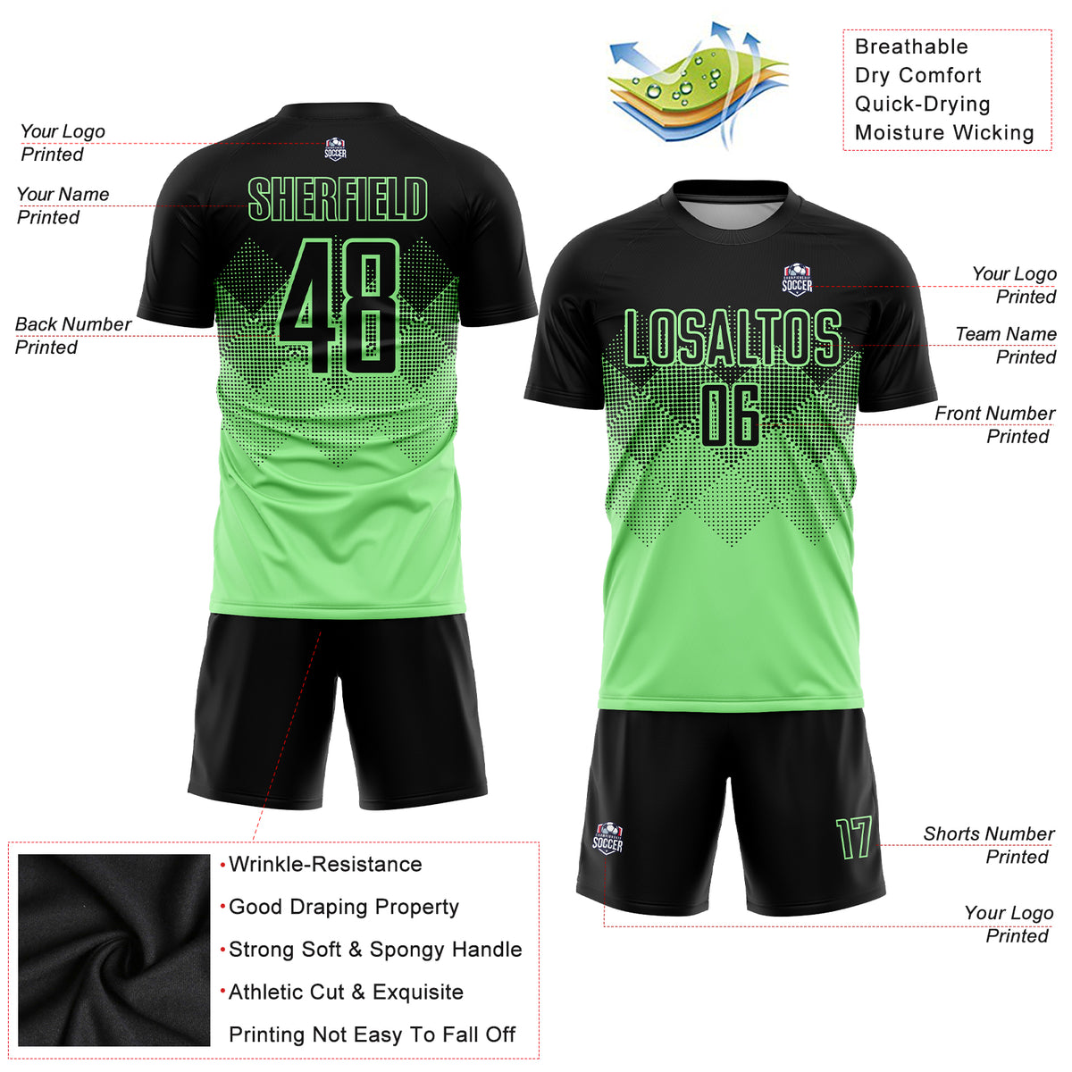 FANSIDEA Custom Pea Green Black Sublimation Long Sleeve Fade Fashion Soccer Uniform Jersey Youth Size:130