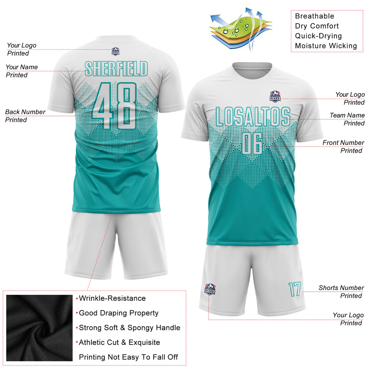 Cheap Custom Aqua Black-White Sublimation Soccer Uniform Jersey Free  Shipping – CustomJerseysPro