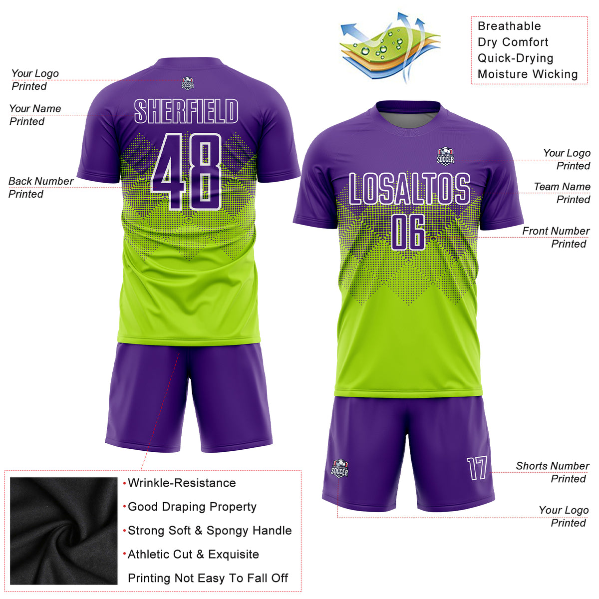 Sublimation Printing Purple Black Color Team Home and Away Soccer