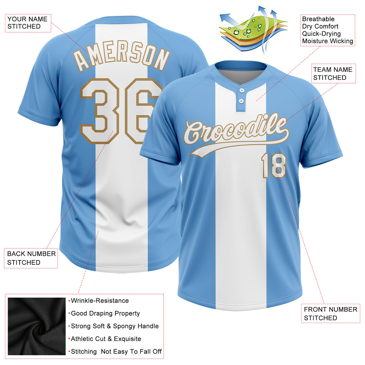 2-Button 2 Color Print Custom Baseball Jersey Adult Small Light  Blue & White : Sports & Outdoors