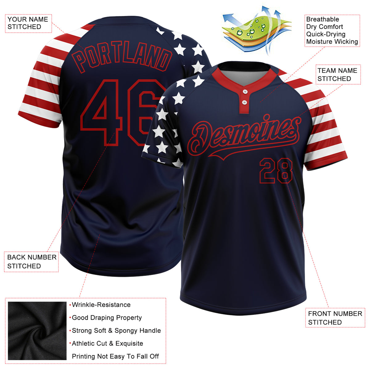 Custom White Red-Navy 3D American Flag Fashion Two-Button Unisex Softball  Jersey Discount