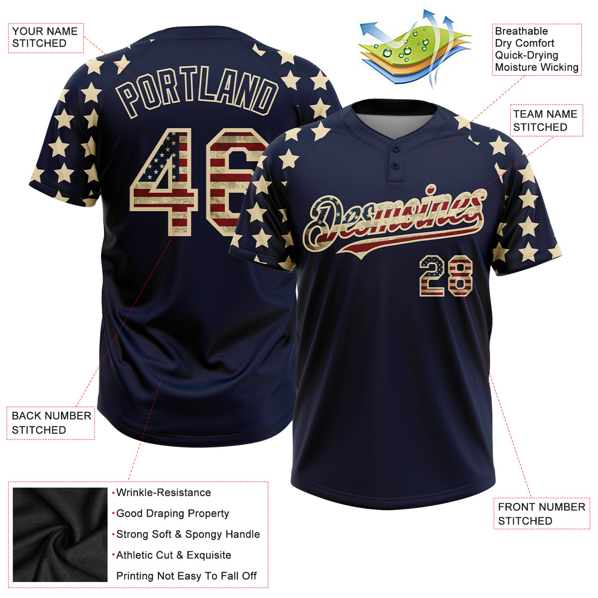 Custom White Red-Navy 3D American Flag Fashion Two-Button Unisex Softball  Jersey Discount