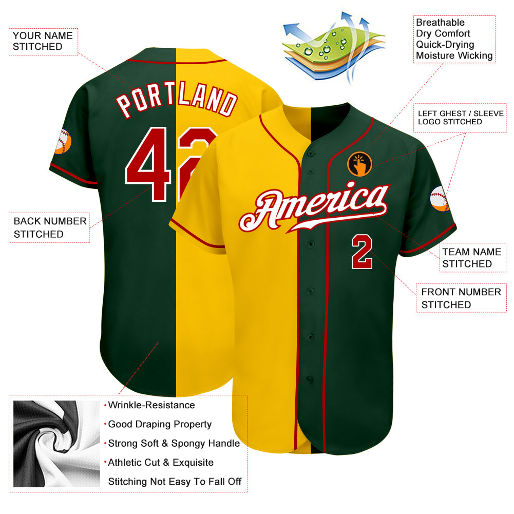 Cheap Custom Green Red-Gold Authentic Split Fashion Baseball Jersey Free  Shipping – CustomJerseysPro