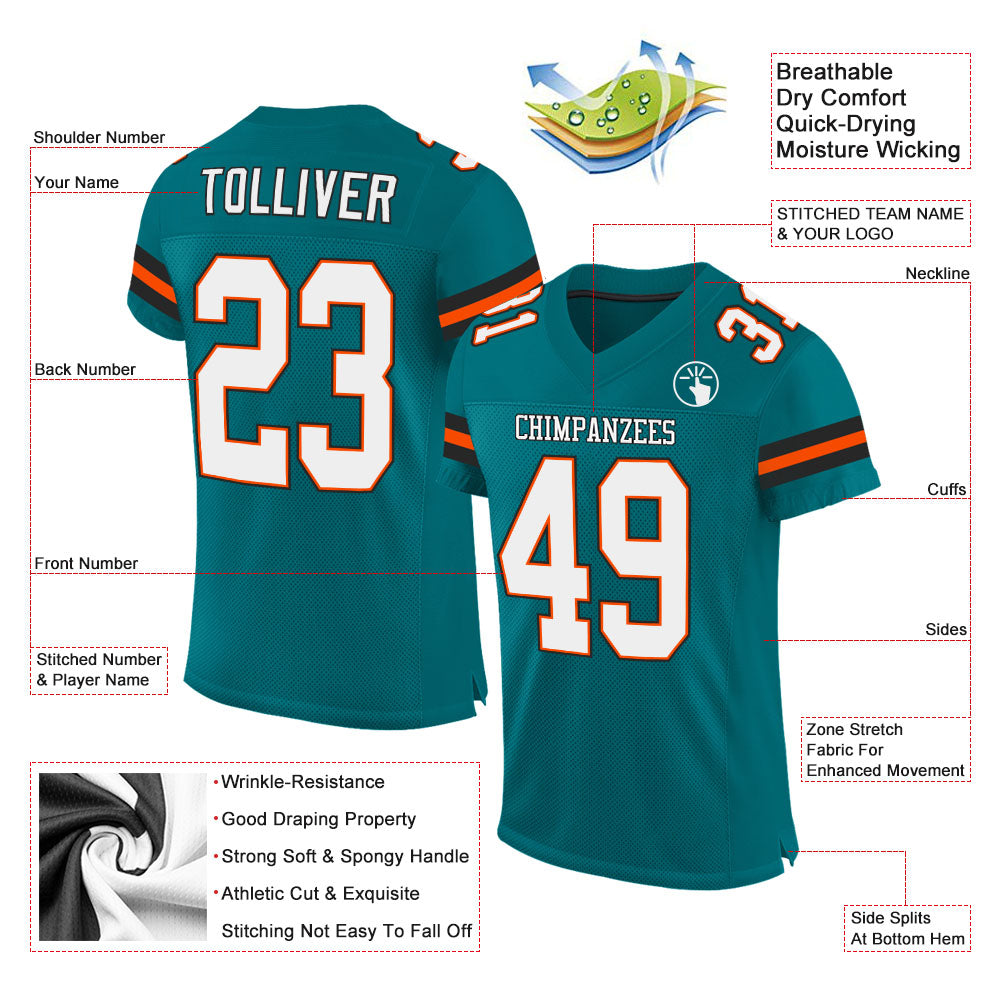 Custom Teal White-Orange Mesh Authentic Football Jersey Discount