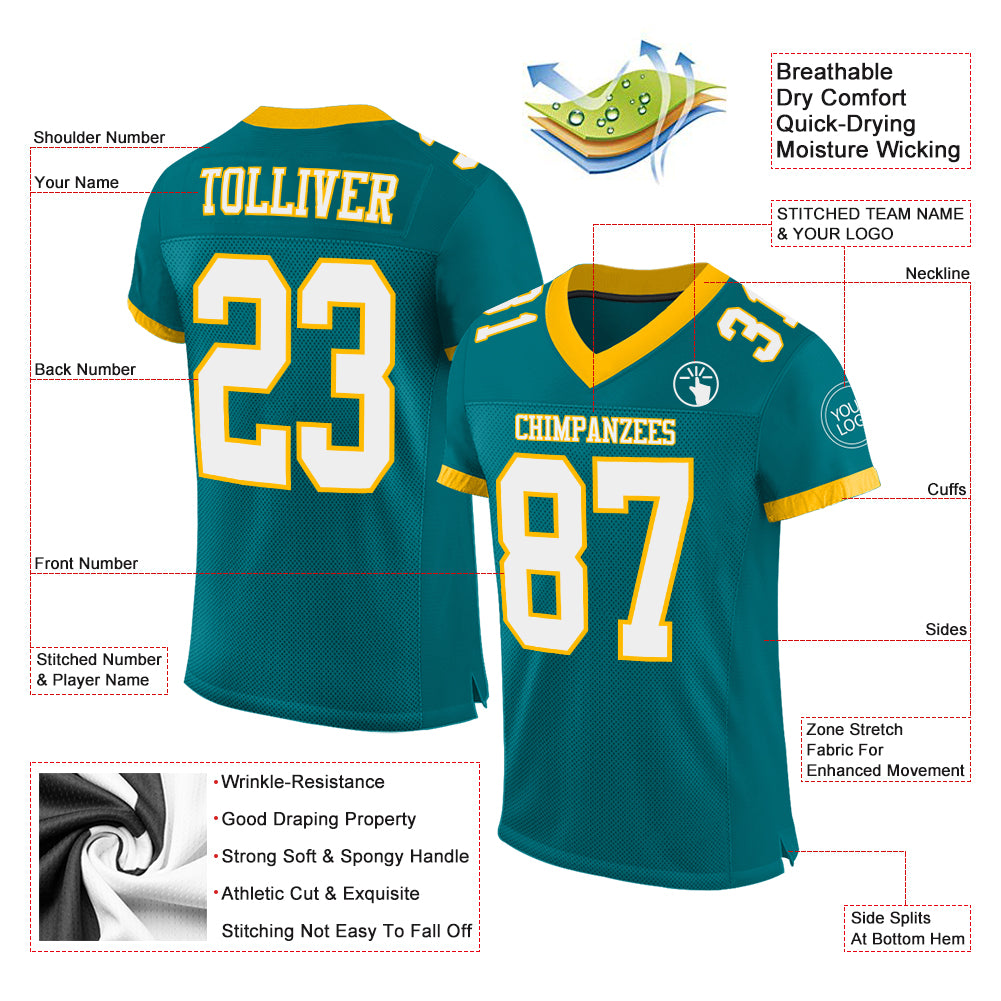 Cheap Custom Teal White-Gold Mesh Authentic Football Jersey Free