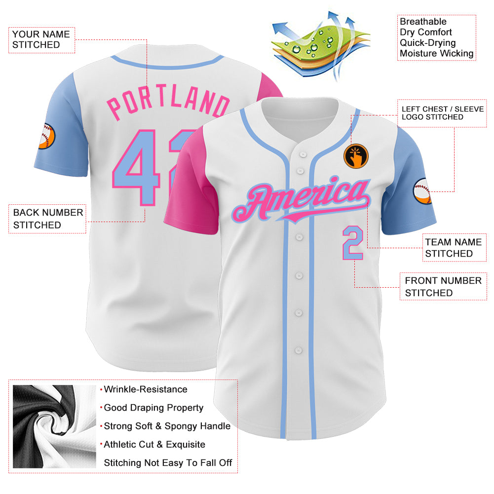 Custom Team Pink Baseball Authentic White Jersey Light Blue