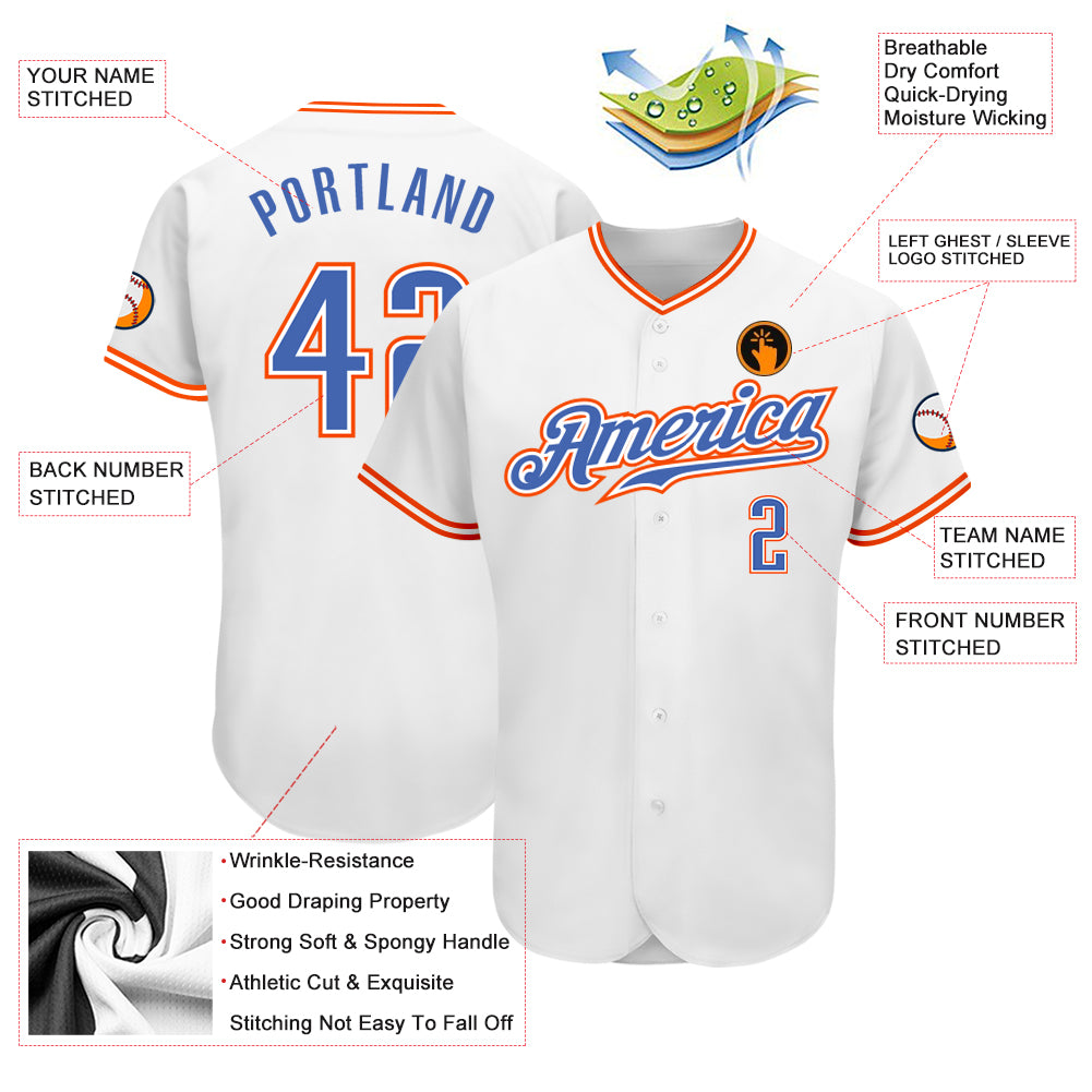 Cheap Custom White Blue-Orange Authentic Baseball Jersey Free