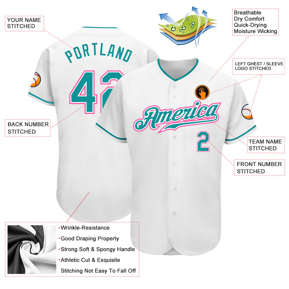 Custom White Aqua-Pink Authentic Baseball Jersey Discount