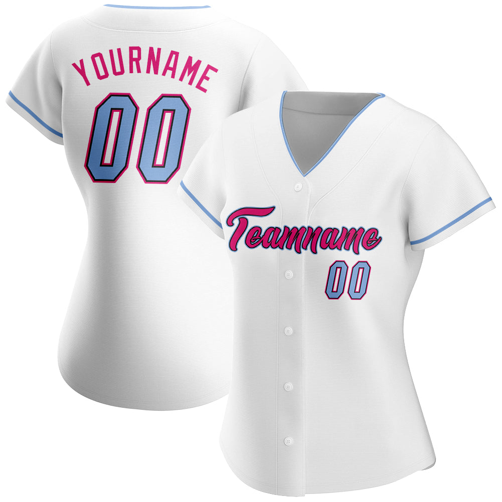 Cheap Custom White Light Blue Black-Pink Authentic Baseball Jersey