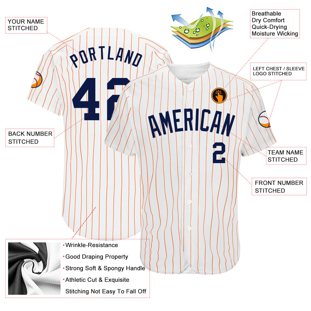 Custom White Navy Pinstripe Navy-Orange Authentic Baseball Jersey