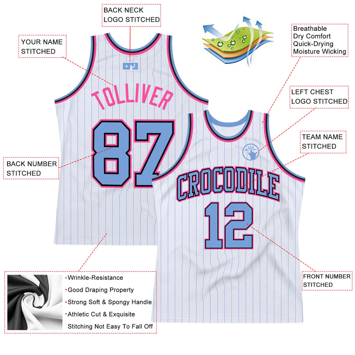 Custom Black White Pinstripe Pink-Light Blue Authentic Basketball Jersey  Discount