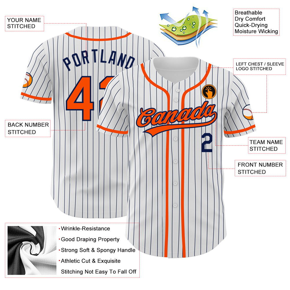 Printed Custom Orange Navy Pinstripe Baseball Jersey with Teamname
