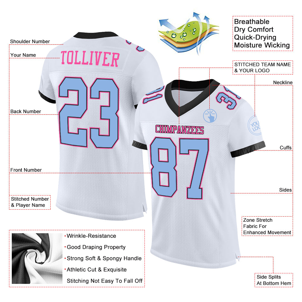 Custom Football Jersey White Light Blue Black-Pink Mesh Authentic Men's Size:3XL