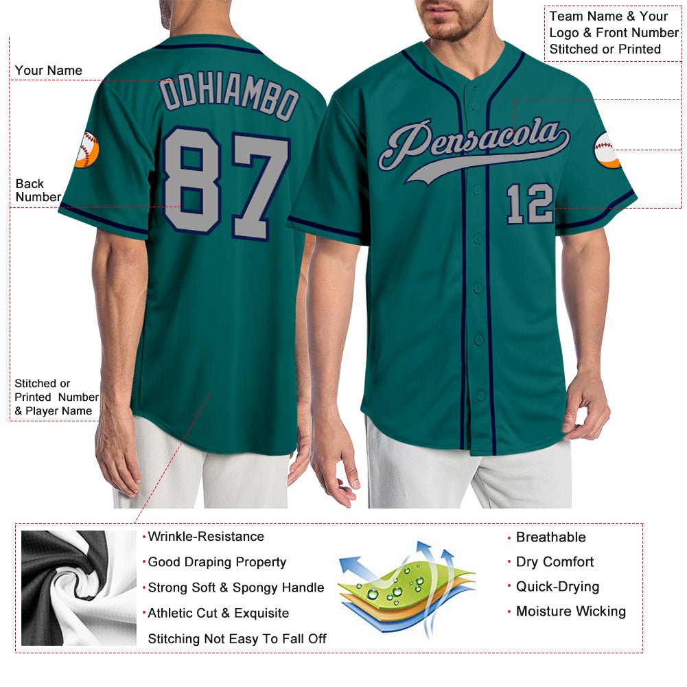 Custom Teal Gray-Navy Baseball Jersey