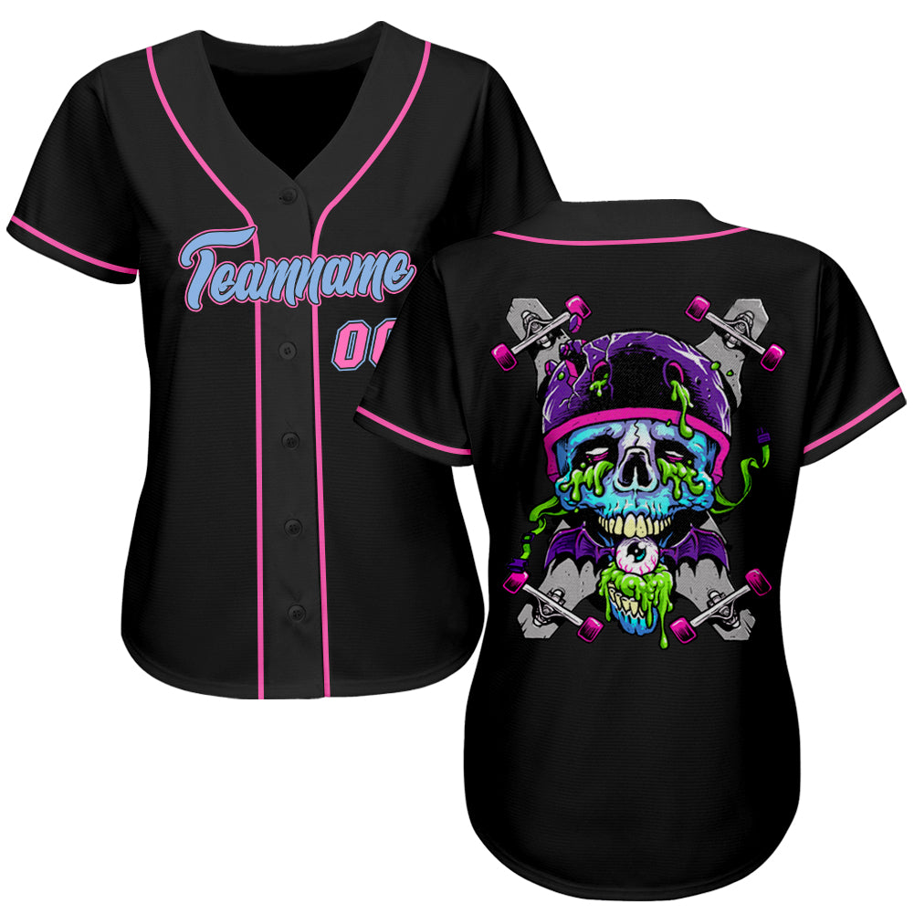 Custom Black Light Blue-Pink Authentic Skull Fashion Baseball