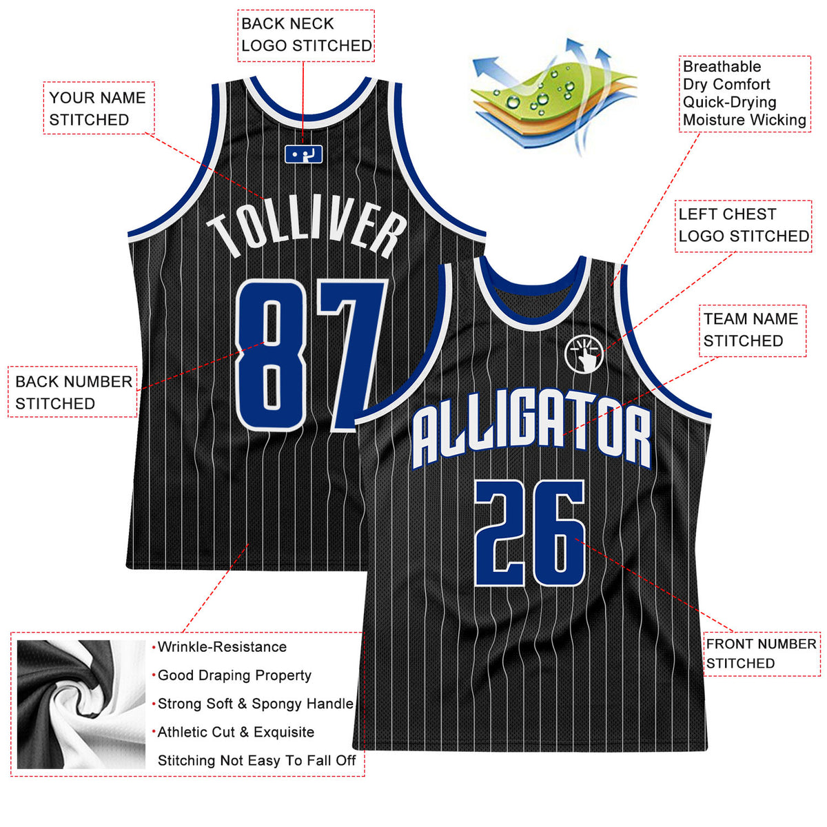 Custom Light Blue White Pinstripe Royal-White Authentic Throwback  Basketball Jersey Discount