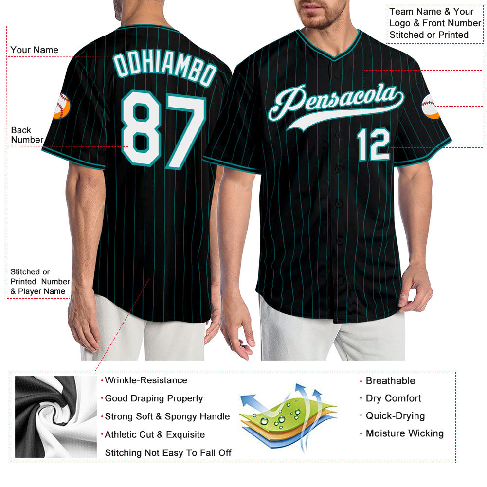 Custom Baseball Jersey Aqua Black Pinstripe Black-White Authentic Men's Size:XL