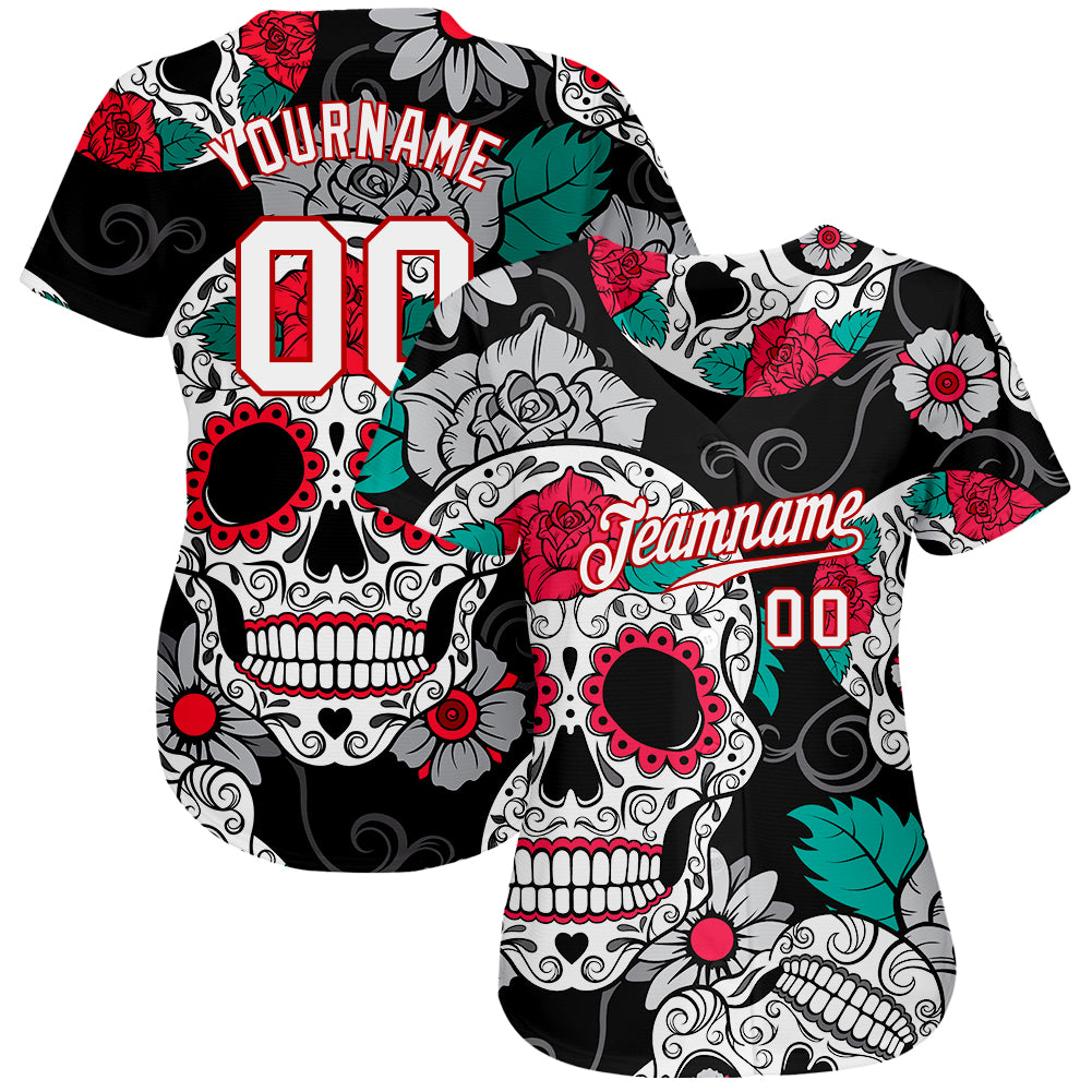 Custom White Red-Black 3D Skull Authentic Baseball Jersey