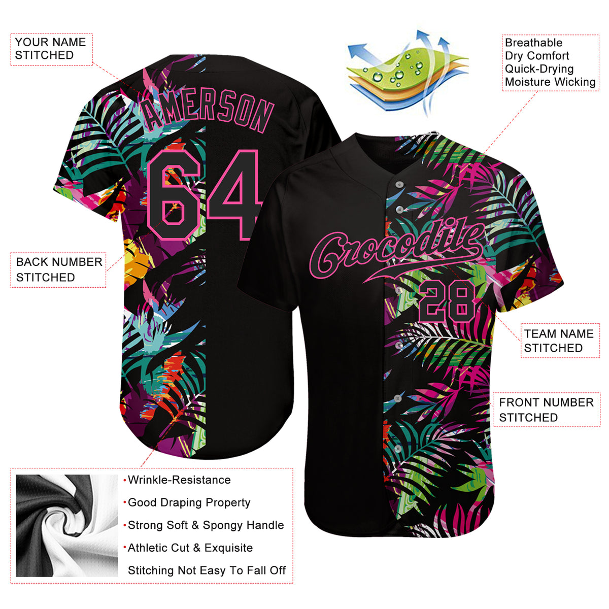 Cheap Custom Black Kelly Green-White 3D Pattern Design Hawaii Palm Leaves  And Flowers Authentic Baseball Jersey Free Shipping – CustomJerseysPro