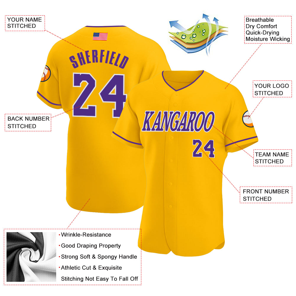 Custom Team Gold Baseball Authentic Purple Jersey White