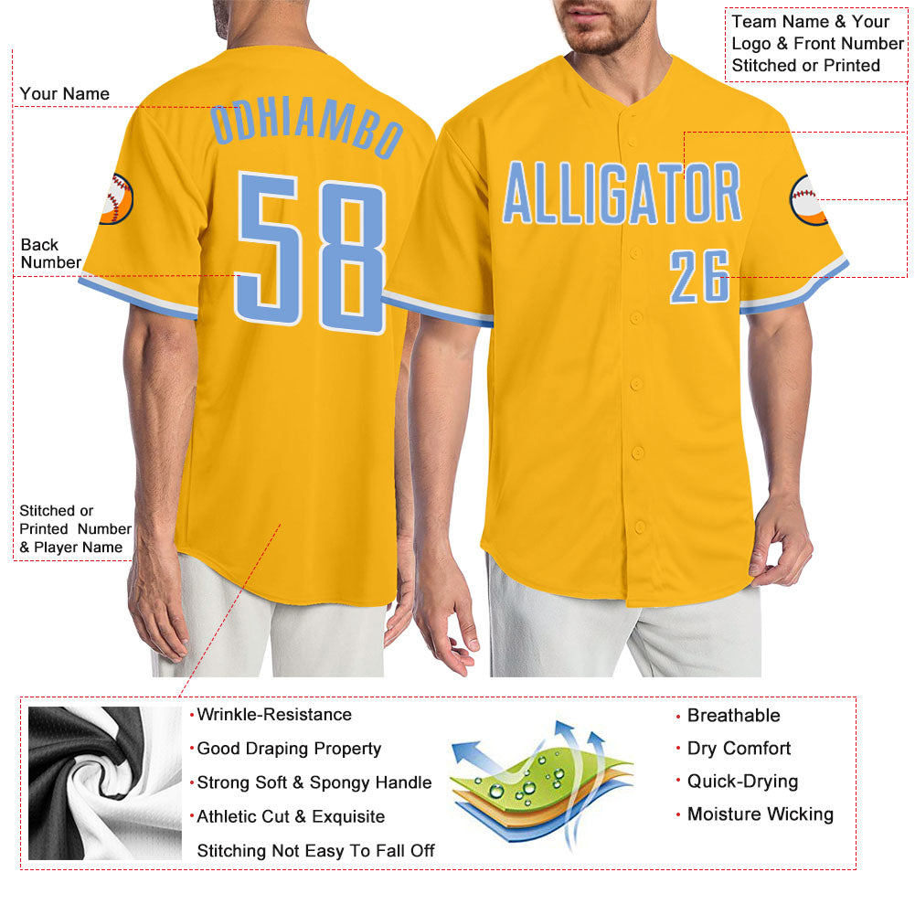 Custom White Light Blue-Gold Authentic Baseball Jersey Discount