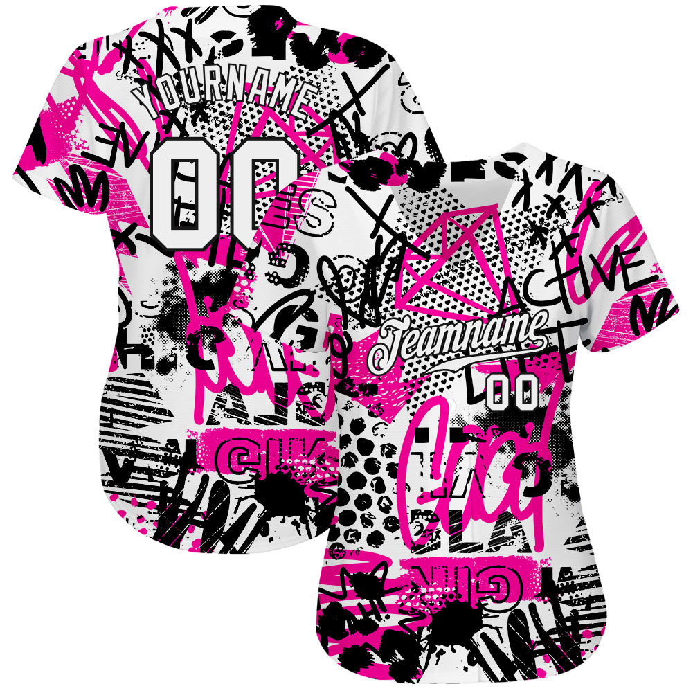 Custom Black White-Pink Graffiti Pattern Authentic Baseball Jersey