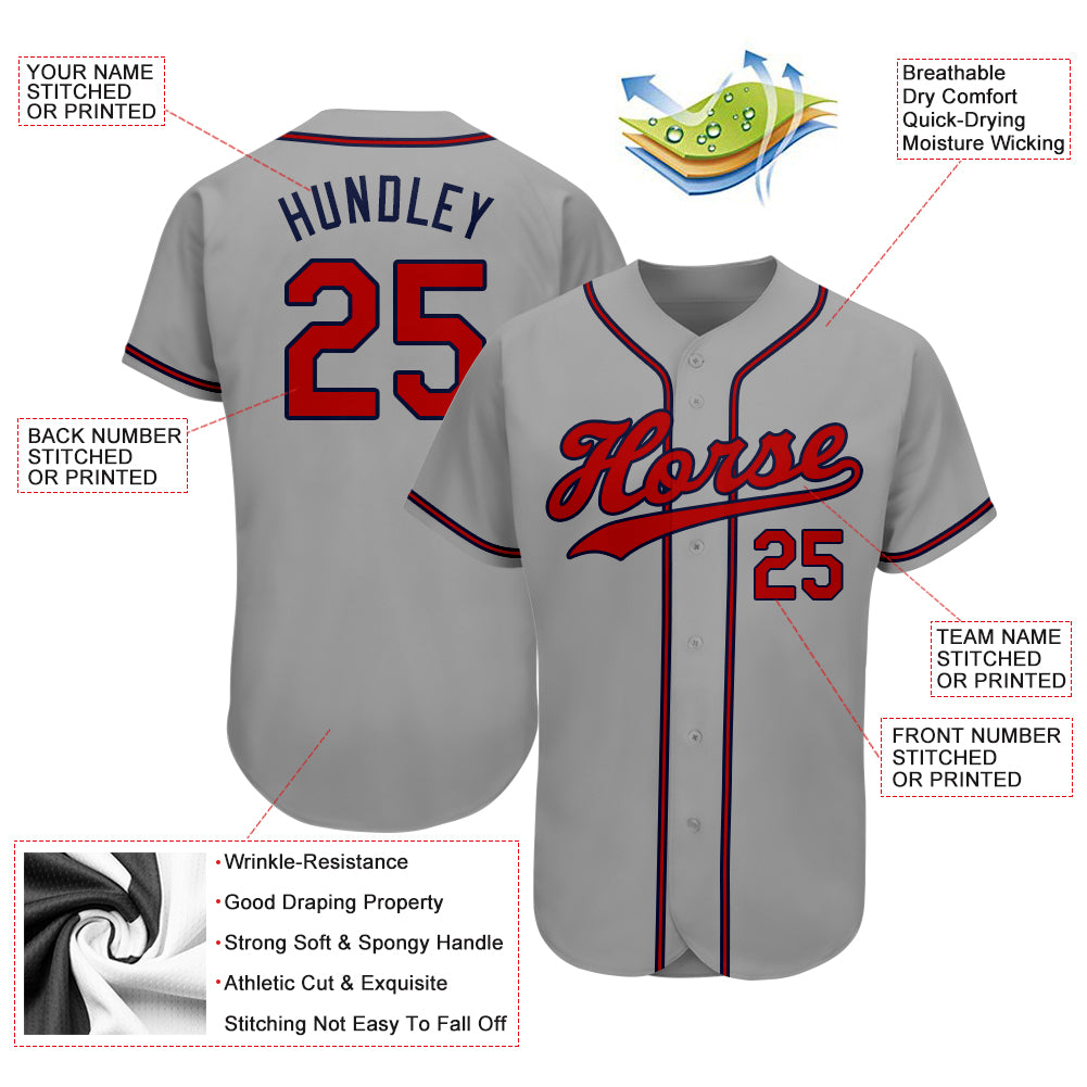 Custom Gray Red-Navy Baseball Jersey