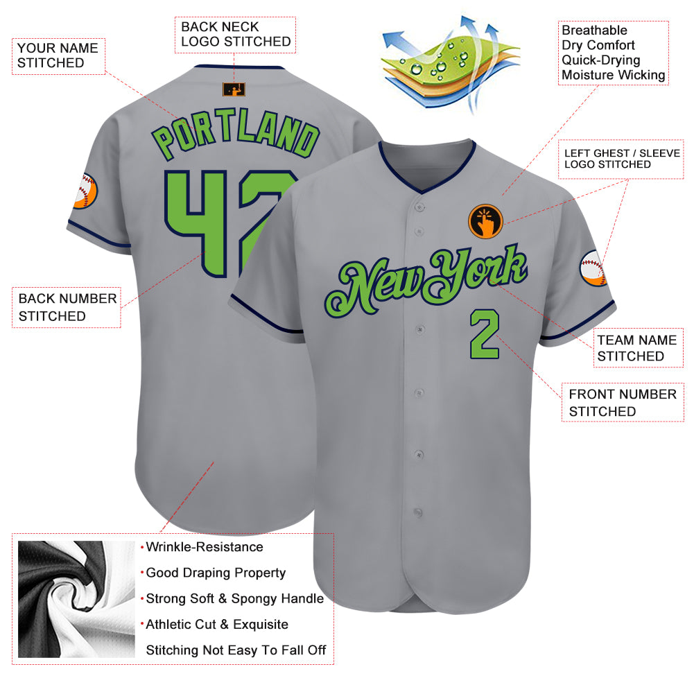 Cheap Custom Gray Neon Green-Navy Authentic Baseball Jersey Free