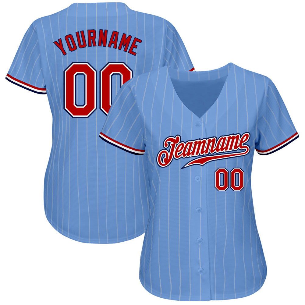 Custom Light Blue White Pinstripe Red-Navy Authentic Baseball Jersey  Discount